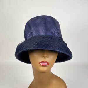 Vintage Ladies Cloche Bucket Hat Mesh & Bow Accent Navy Blue Derby Wedding